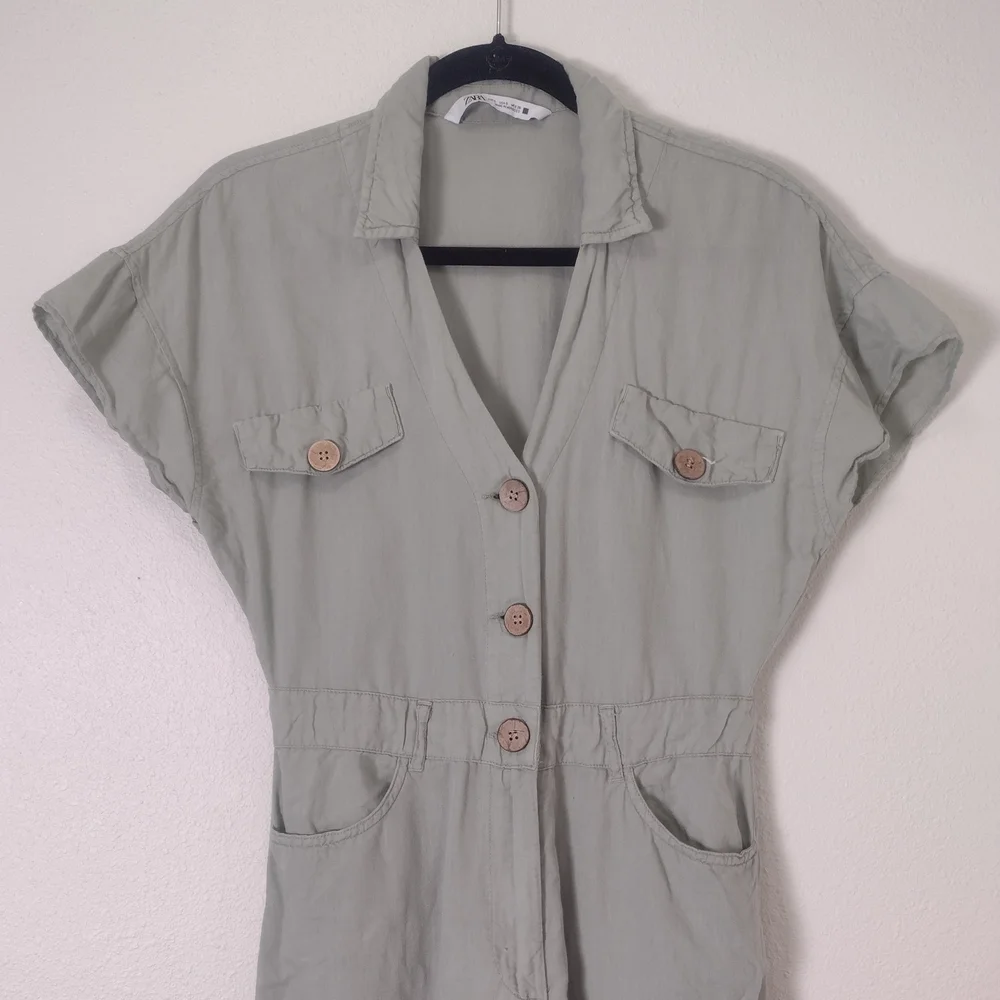 Zara Linen Cotton Short Sleeve Button Front Jumpsuit Green Size S
